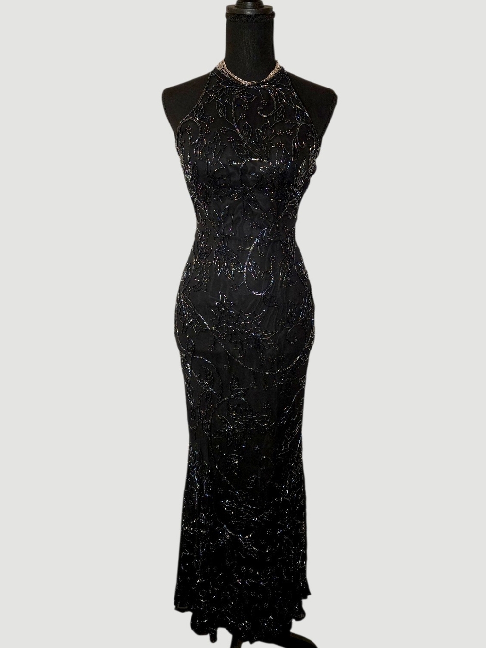 Vintage Caché Silk Black Beaded Halter Gown 🖤🖤🖤